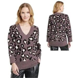 A New Day Sweater Plus Size 3X Purple Leopard Print V-Neck Knit Top Long Sleeves